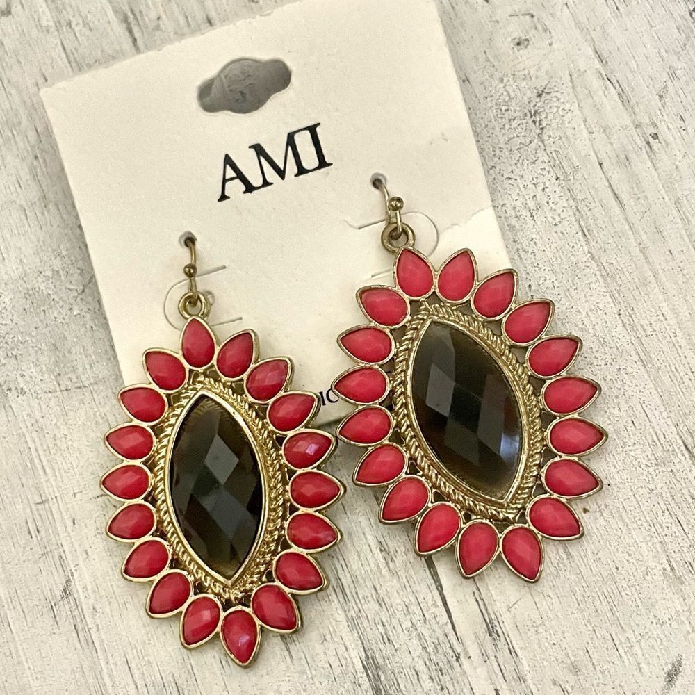 AMI  gold tone brown and rose beaded statement earrings